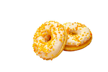 Donuts with candied orange and lemon crusts. On white background, isolated.