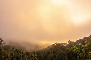Landscape view of mountains and mist at sunrise time at Doi Inthanon National Park, Highest peak in Thailand, Chiang Mai Province, Thailand.