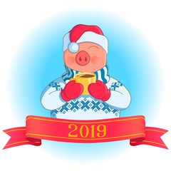 Сute pig with a cup of cocoa in his hands. New Year card.