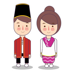North Maluku province wedding Couple, cute Indonesian traditional clothes costume bride and groom cartoon vector illustration