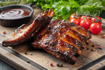 Closeup of pork ribs grilled with BBQ sauce and caramelized in honey. Tasty snack to beer on a wooden Board for filing on dark concrete background - obrazy, fototapety, plakaty