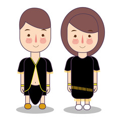 Central Kalimantan province wedding Couple, cute Indonesian traditional clothes costume bride and groom cartoon vector illustration