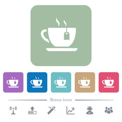 Cup of tea with teabag flat icons on color rounded square backgrounds