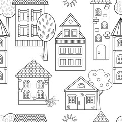 Naklejka premium Vector seamless pattern with houses for coloring book