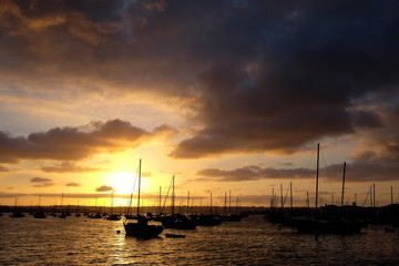 Sunset over San Diego Harbor and Bay with boats