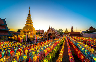 Wat Phra That Hariphunchai pagoda with light Festival at Lamphun, Thai temple of buddhism in Thailand.