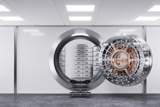 Bank vault door in premise bank. Safety concept. 3d