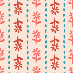Vertical stripe flower design in shades of coral and turquoise make this a pretty vector seamless pattern for textiles, stationery, invitations, fashion, home decor and graphic design projects. 