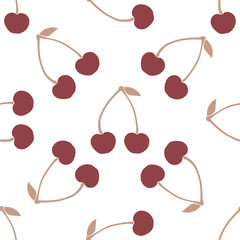 Seamless pattern with double cherry and leaf on white background.