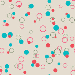 Spotted blue, red and beige round seamless pattern retro circle, rings. Abstract geometric background. Random polka dot. Dotted ornament for wrapping paper, fabric, textile. Vector illustration.