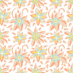 Obraz premium Colorful hand drawn doodle floral seamless pattern. Abstract tropical fantasy flowers, leaves, hawaiian pattern. Cartoon flora. Vector background.