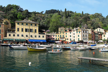 Potofino, Italy 04-12-2011 The colorful waterfront buildings and harbor of Portofino, a resort town on the Italian Riviera.