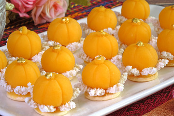 Thai dessert / Royal Thai cuisine : Golden crown cake (Khanom Dara Thong or Thong Eak krajang) , Most famous of nine auspicious desserts in Thai tradition, made from yolk, wheat flour and edible gold