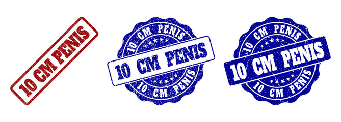 10 CM PENIS scratched stamp seals in red and blue colors. Vector 10 CM PENIS labels with scratced texture. Graphic elements are rounded rectangles, rosettes, circles and text labels.