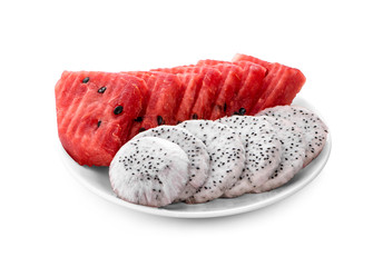 watermelon and dragon fruit sliced isolated on white background