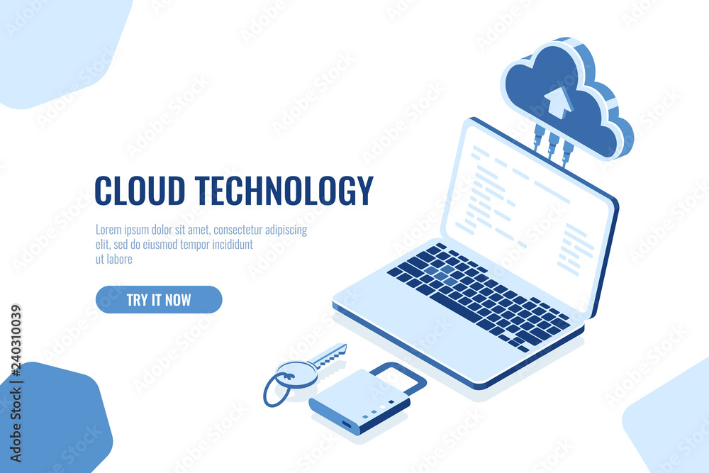 Poster data security isometric concept, cloud storage technology, data transfer remote server room database