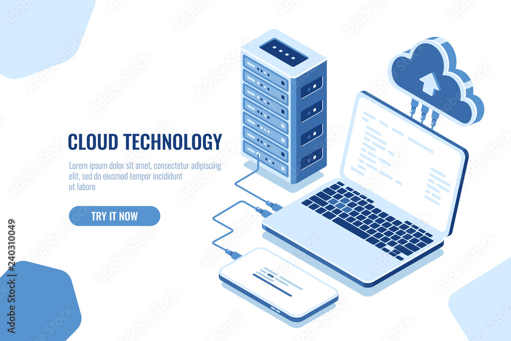 Poster the scheme of data transmission, isometric secure connection, cloud computing, server room, datacent