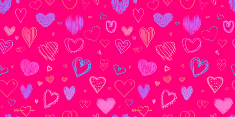 Hand drawn background with hearts. Seamless grungy wallpaper on surface. Chaotic texture with many love signs. Lovely pattern. Line art. Print for banner, flyer or poster. Colorful illustration