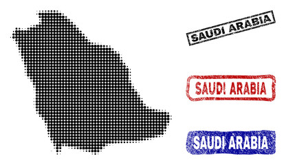 Fototapeta na wymiar Halftone dot vector abstracted Saudi Arabia map and isolated black, red, blue rubber-style stamp seals. Saudi Arabia map tag inside rough rectangle frames and with scratched rubber texture.