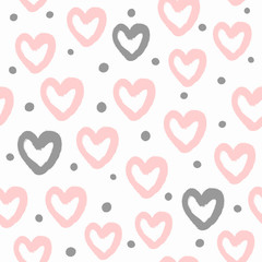 Repeated round dots and hearts drawn by hand with a rough brush. Cute watercolour seamless pattern. Paint, sketch, graffiti, watercolor.