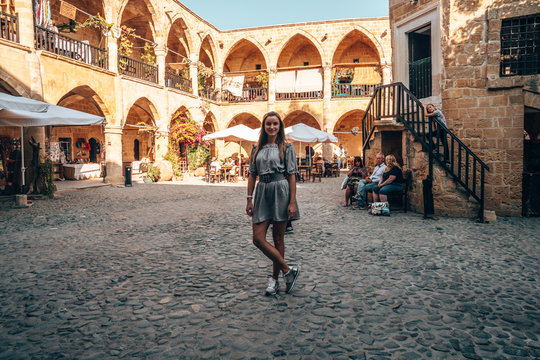 Young girl exploring Buyuk Han (the Great Inn), largest caravanserai in Cyprus. Nicosia