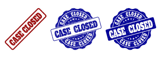 CASE CLOSED grunge stamp seals in red and blue colors. Vector CASE CLOSED labels with grunge texture. Graphic elements are rounded rectangles, rosettes, circles and text titles.