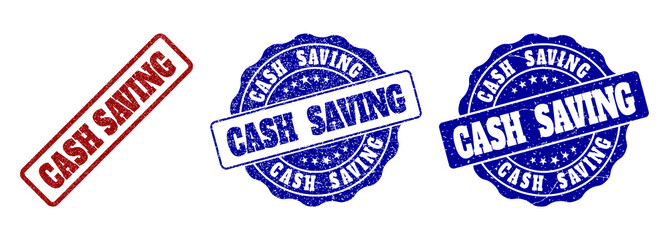 CASH SAVING grunge stamp seals in red and blue colors. Vector CASH SAVING signs with dirty effect. Graphic elements are rounded rectangles, rosettes, circles and text labels.