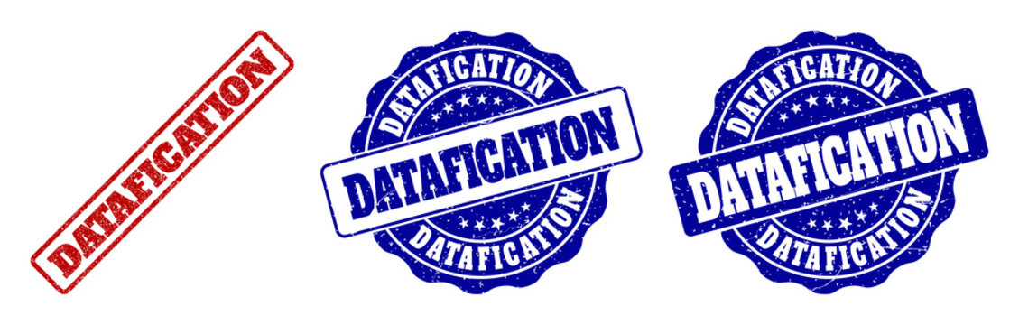 DATAFICATION grunge stamp seals in red and blue colors. Vector DATAFICATION marks with grunge texture. Graphic elements are rounded rectangles, rosettes, circles and text tags.