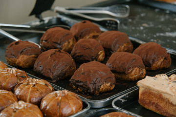 Close up of bakers are working.Homemade bread.Eating breakfast with the bread in coffee shop. Morning coffee,Bakery commercial image.