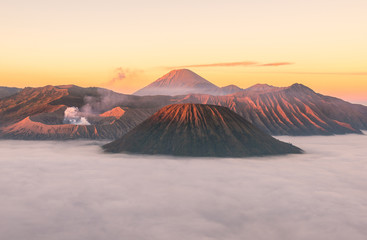 Spectacular sunrise view of Mount Bromo an active volcano part of the Tengger massif, in East Java, Indonesia.