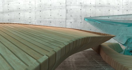 Empty dark abstract concrete and wood smooth interior. Architectural background. 3D illustration and rendering