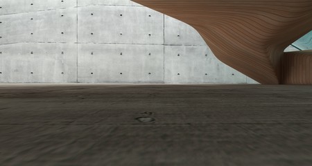 Empty dark abstract concrete and wood smooth interior. Architectural background. 3D illustration and rendering