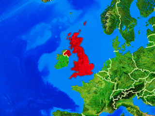 United Kingdom from space on model of planet Earth with country borders and very detailed planet surface.