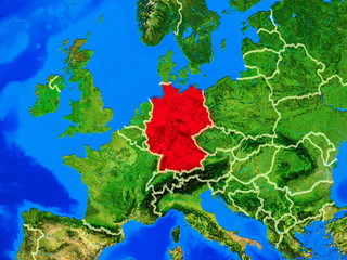 Germany from space on model of planet Earth with country borders and very detailed planet surface.
