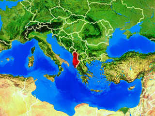 Albania from space on model of planet Earth with country borders and very detailed planet surface.