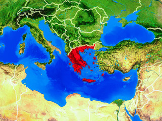 Greece from space on model of planet Earth with country borders and very detailed planet surface.