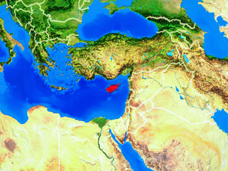 Cyprus from space on model of planet Earth with country borders and very detailed planet surface.
