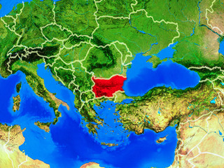 Bulgaria from space on model of planet Earth with country borders and very detailed planet surface.