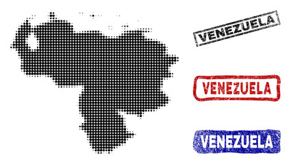 Halftone vector dot abstracted Venezuela map and isolated black, red, blue grunge stamp seals. Venezuela map title inside rough rectangle frames and with grunge rubber texture.