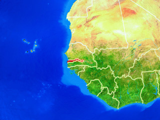 Gambia from space on model of planet Earth with country borders and very detailed planet surface.