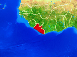 Liberia from space on model of planet Earth with country borders and very detailed planet surface.