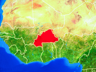 Burkina Faso from space on model of planet Earth with country borders and very detailed planet surface.