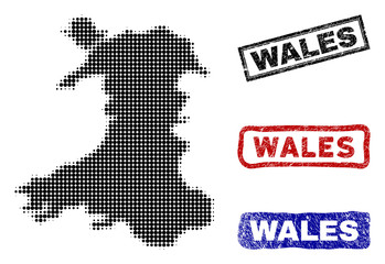 Fototapeta na wymiar Halftone vector dot abstracted Wales map and isolated black, red, blue scratched stamp seals. Wales map name inside draft rectangle frames and with scratched rubber texture.
