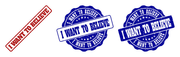 Fototapeta premium I WANT TO BELIEVE grunge stamp seals in red and blue colors. Vector I WANT TO BELIEVE labels with grunge surface. Graphic elements are rounded rectangles, rosettes, circles and text tags.