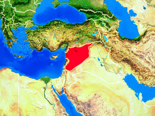 Syria from space on model of planet Earth with country borders and very detailed planet surface.