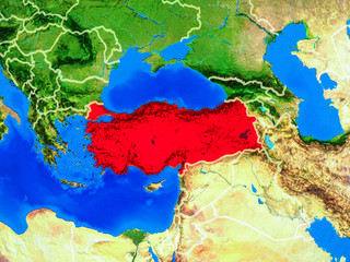 Turkey from space on model of planet Earth with country borders and very detailed planet surface.
