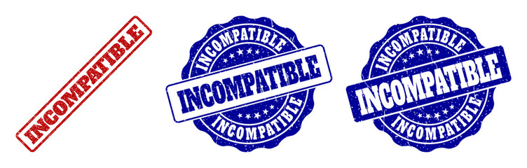 INCOMPATIBLE grunge stamp seals in red and blue colors. Vector INCOMPATIBLE imprints with grunge style. Graphic elements are rounded rectangles, rosettes, circles and text tags.