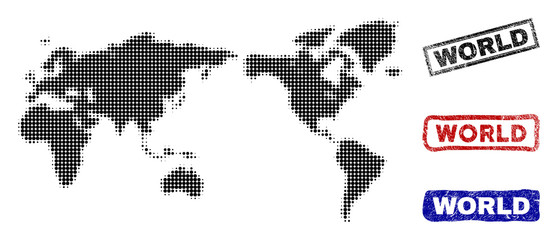 Fototapeta premium Halftone vector dot abstract world map and isolated black, red, blue scratched stamp seals. World map tag inside rough rectangle frames and with scratched rubber texture.