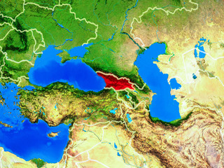 Georgia from space on model of planet Earth with country borders and very detailed planet surface.
