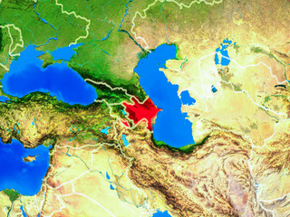Azerbaijan from space on model of planet Earth with country borders and very detailed planet surface.